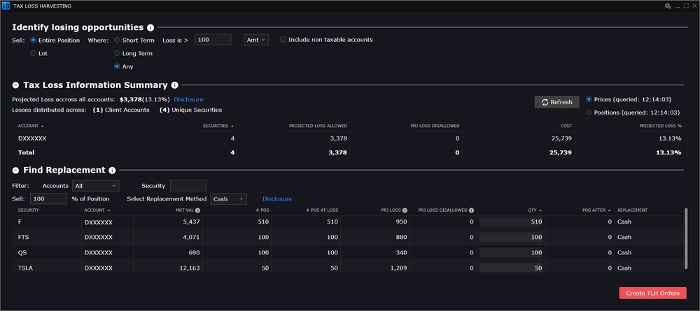 Interface da ferramenta de colheita de perdas fiscais